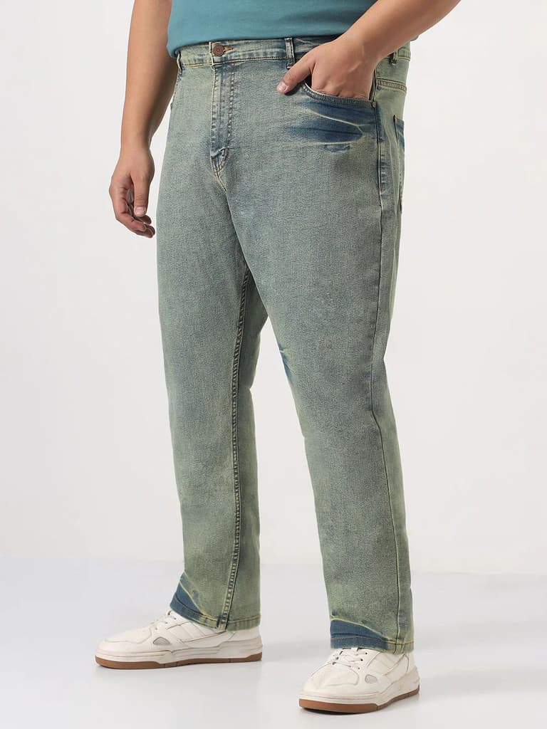 Plus Men's Ice Blue Straight Fit Heavy Washed Jeans Stretchable — photo 2