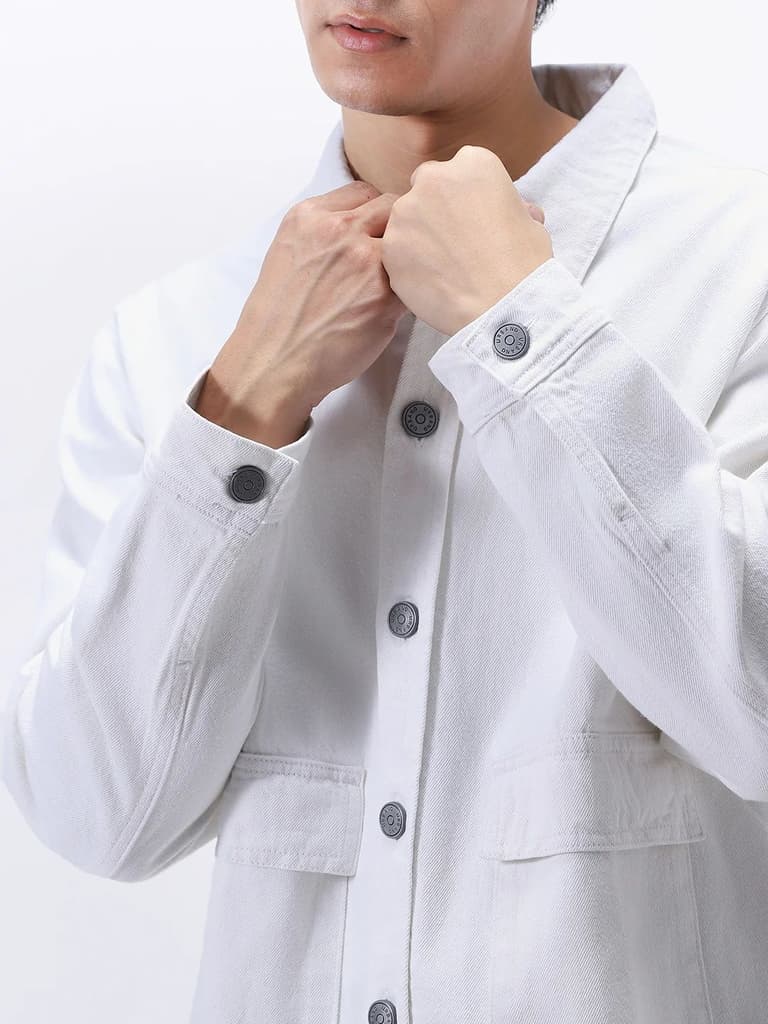 Men's White Relaxed Fit Full Sleeve Utility Denim Jacket — photo 6