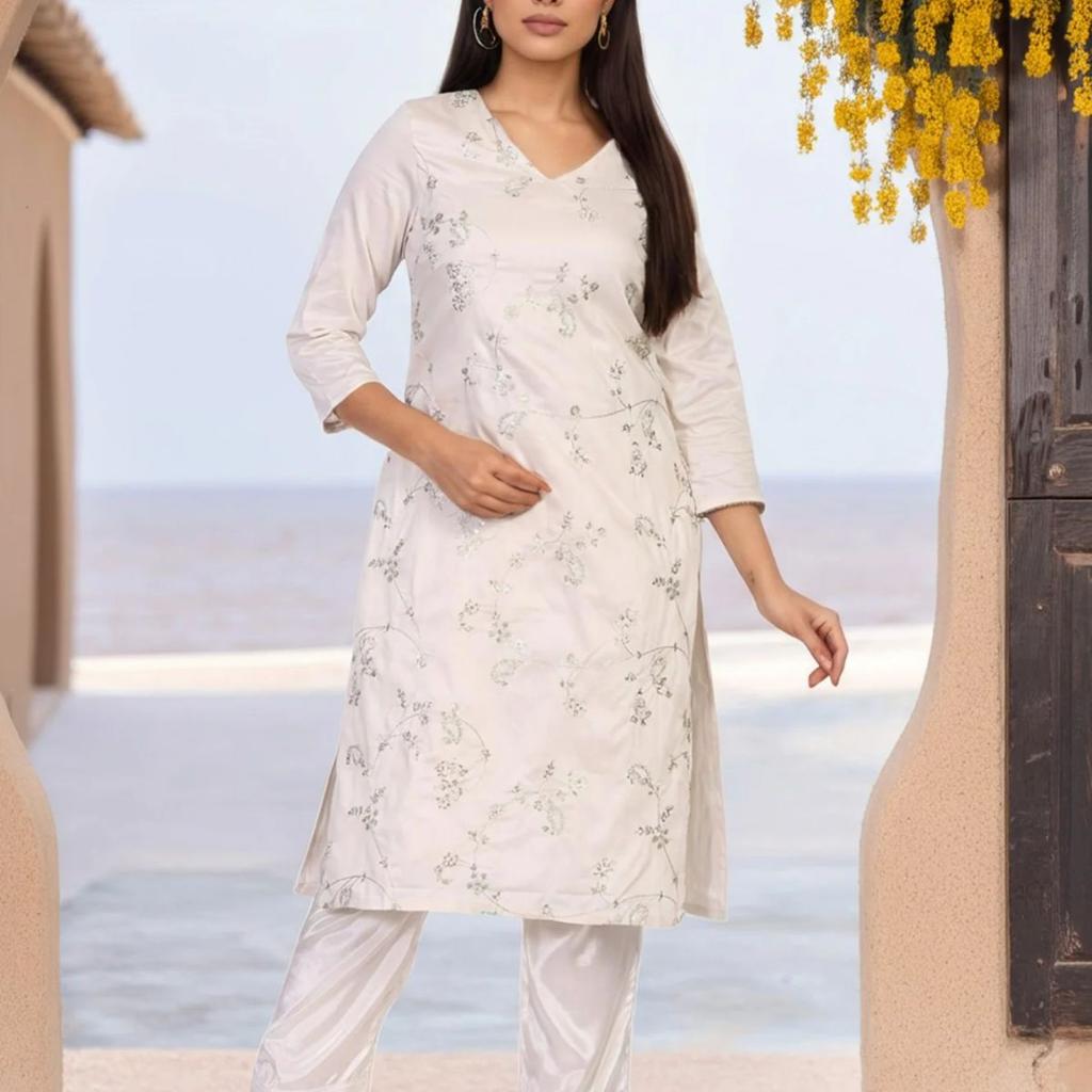 Off-White Embroidered Straight Viscose Kurta