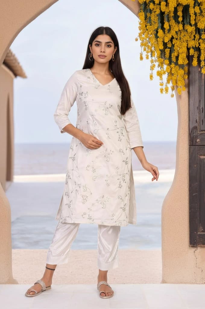 Off-White Embroidered Straight Viscose Kurta — XS