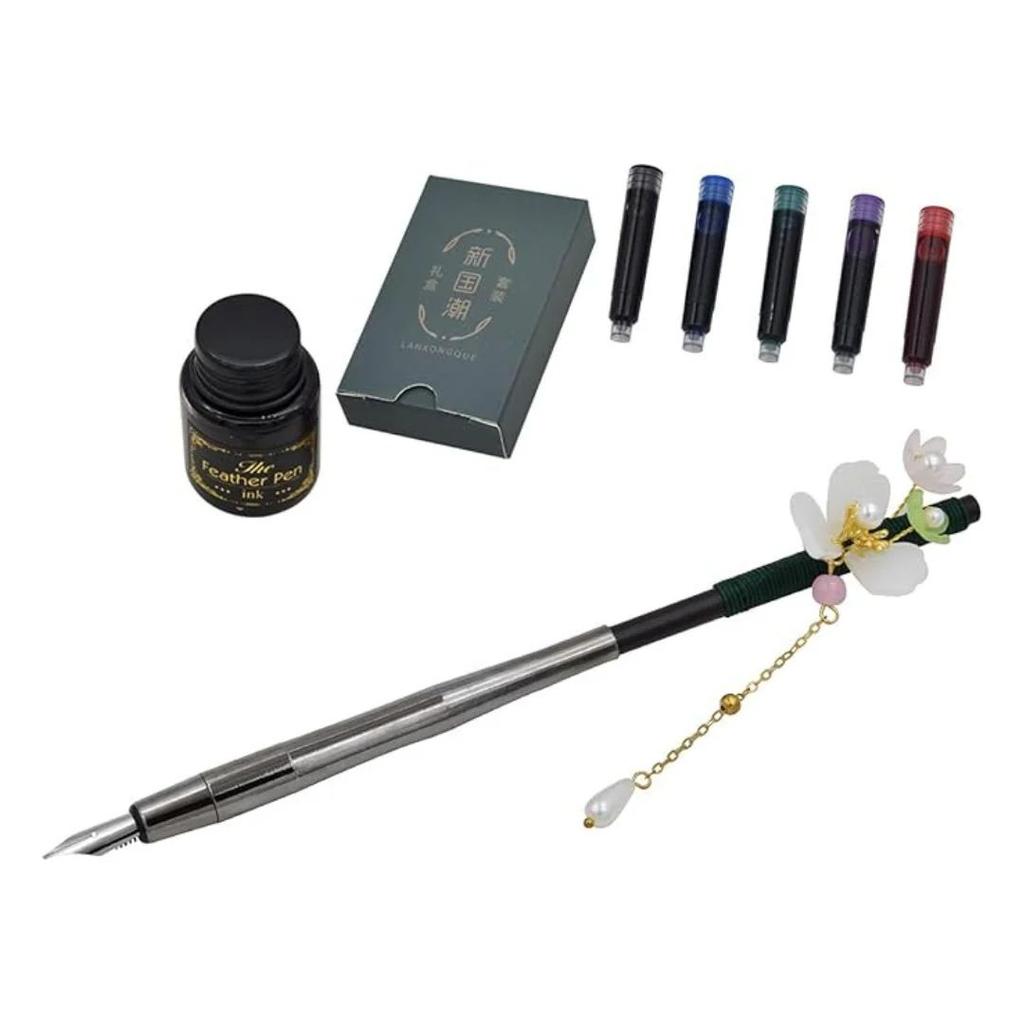 Hair Stick Style Fountain Pen Gift Set | Retro Style Kit With Ink Bottle And Cartridges — Option A
