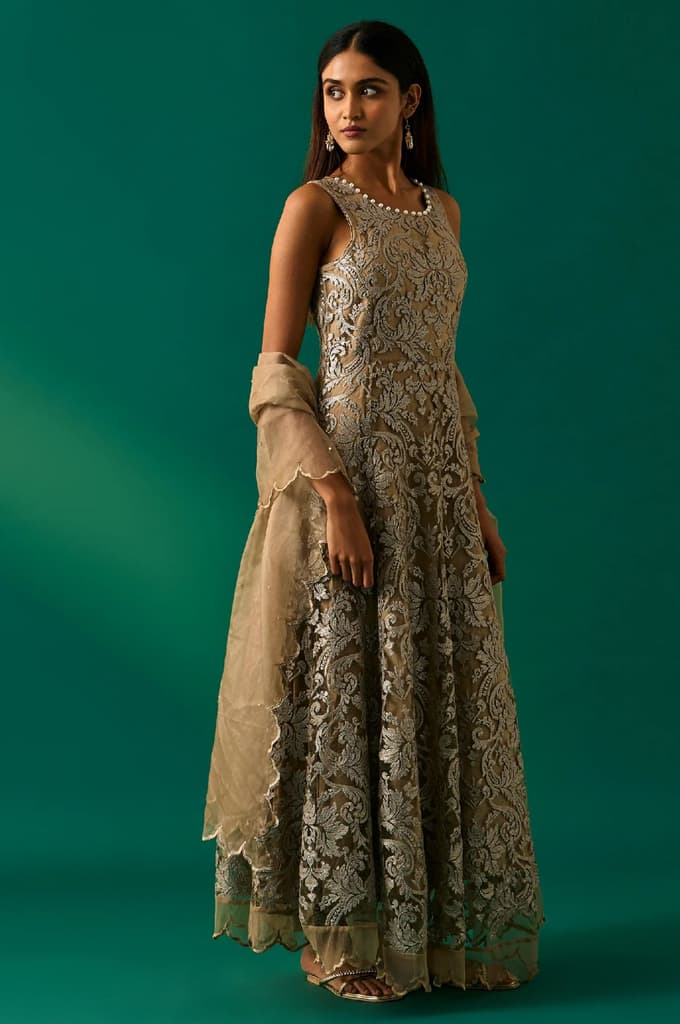 Beige Embroidered Anarkali Dress with Churidar and Dupatta Set — photo 5
