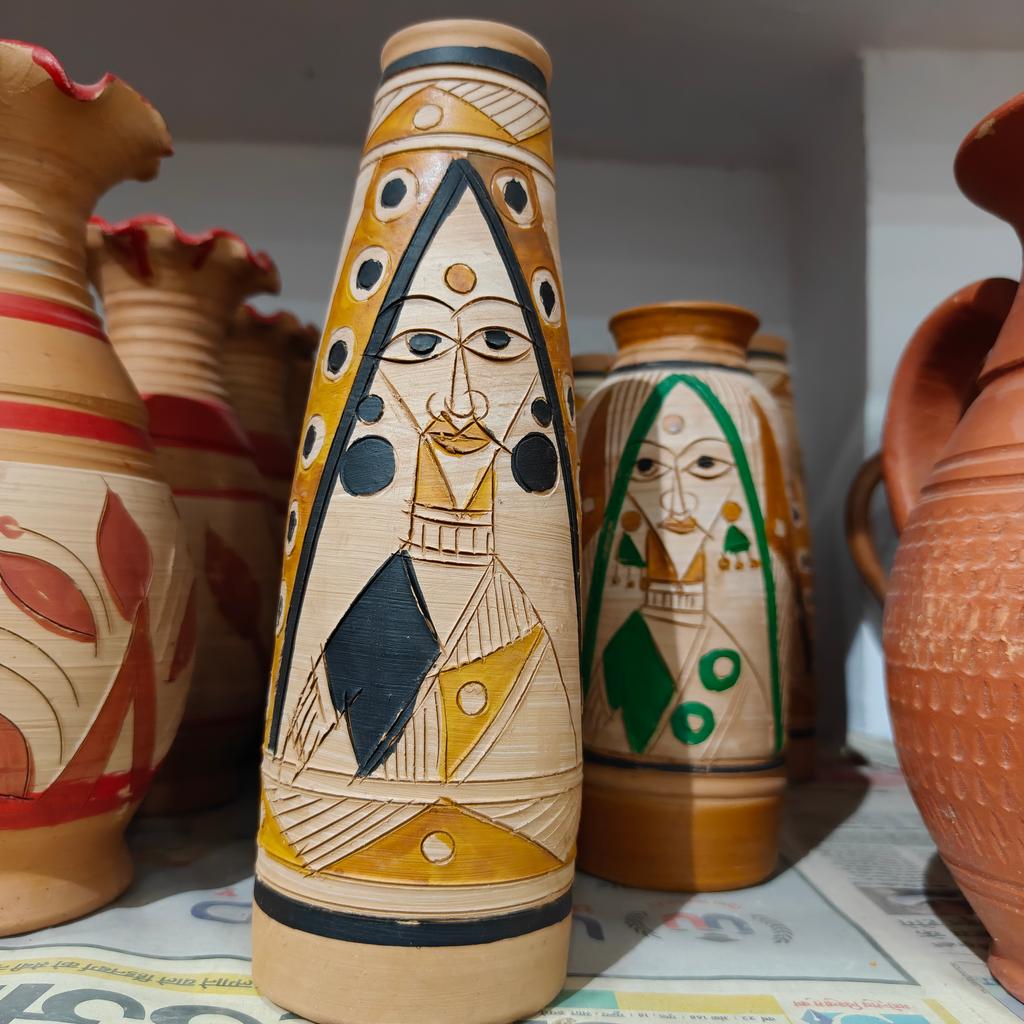 Wooden Vase with Painted Design | Decorative | Brown | Green