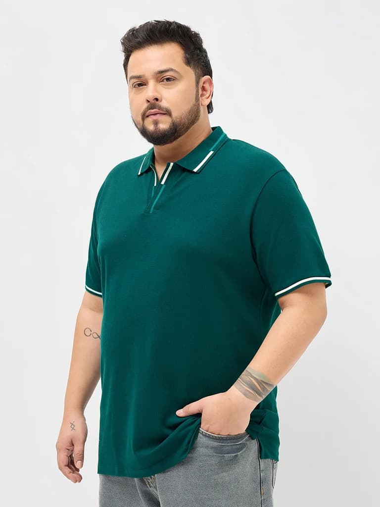 Plus Men's Teal Green Solid Regular Fit Half Sleeve Cotton Polo T-Shirt — photo 2