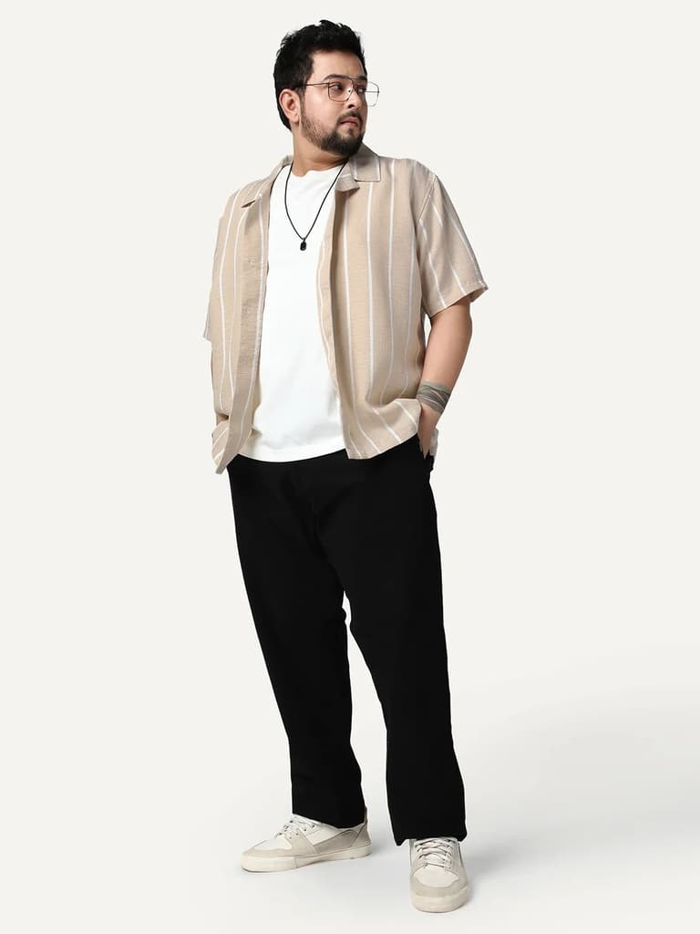 Plus Men's Beige Cotton Half Sleeve Relaxed Fit Linen Striped Shirt with Cuban Collar — photo 4