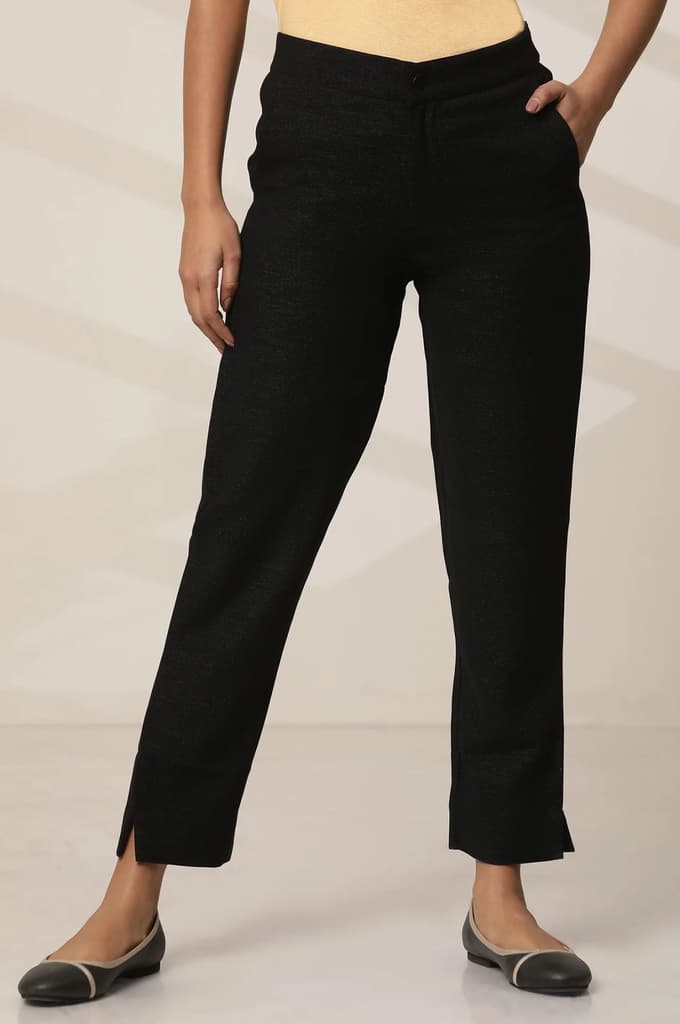 Black Solid Slim Fit Woven Pants With Elasticated Waist — photo 2