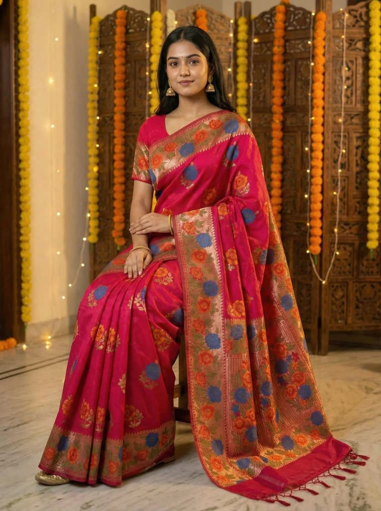 MIMOSA Women's Woven Design Paithani Style Raw Silk Saree with Blouse Piece - Rani ( SA00003129RNFREE ) — photo 4