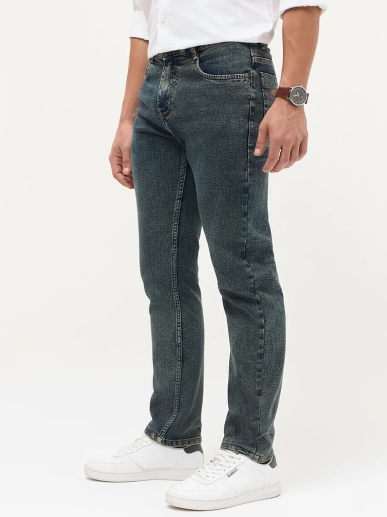 Men's Blue Regular Fit Towel Washed Yellow Tint Denim Jeans Stretchable — photo 3
