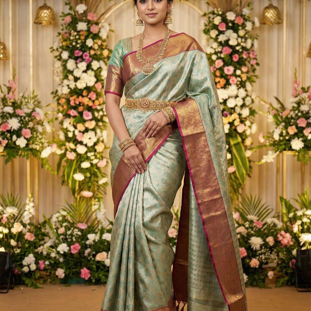 MIMOSA Women's Woven Design Kanjivaram Style Art Silk Saree with Blouse Piece - Rama (SA00002477RMFREE)
