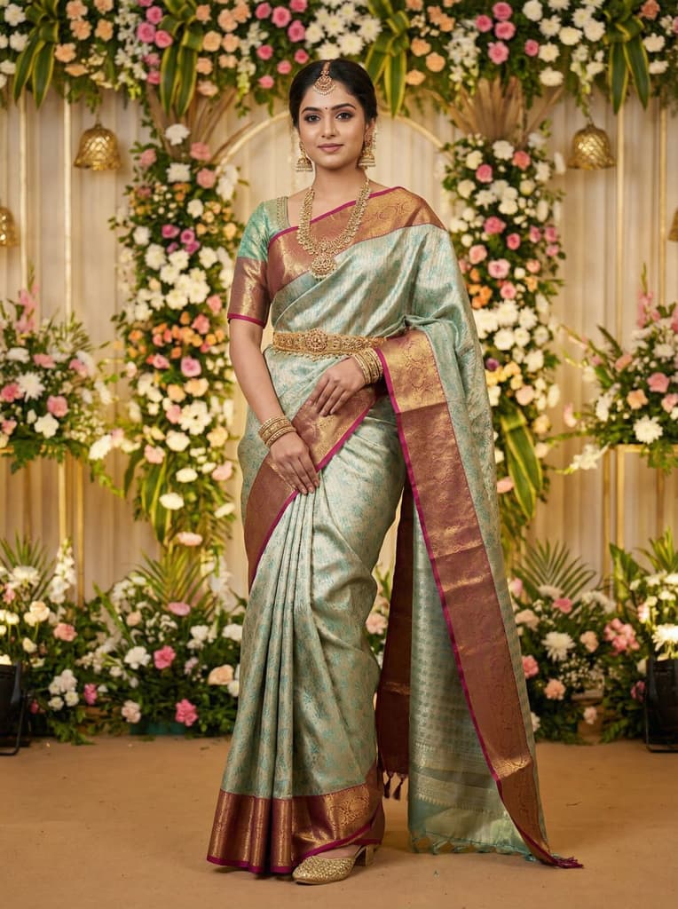 MIMOSA Women's Woven Design Kanjivaram Style Art Silk Saree with Blouse Piece - Rama (SA00002477RMFREE)