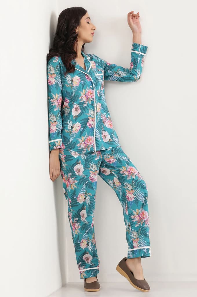 Green Floral Printed Straight Fit Cotton Palazzo With Elasticated Waist — photo 2