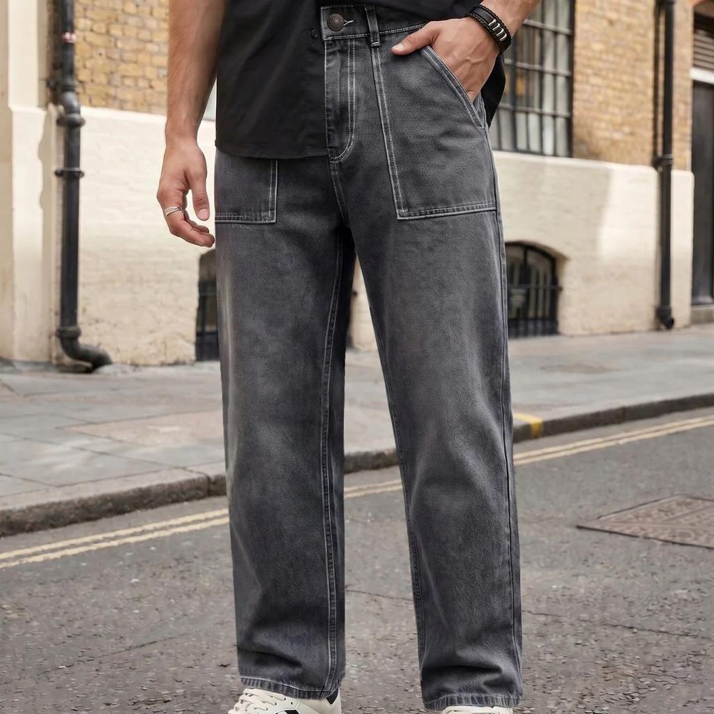 Men's Dark Grey Loose Baggy Fit Washed Denim Jeans Non-Stretchable