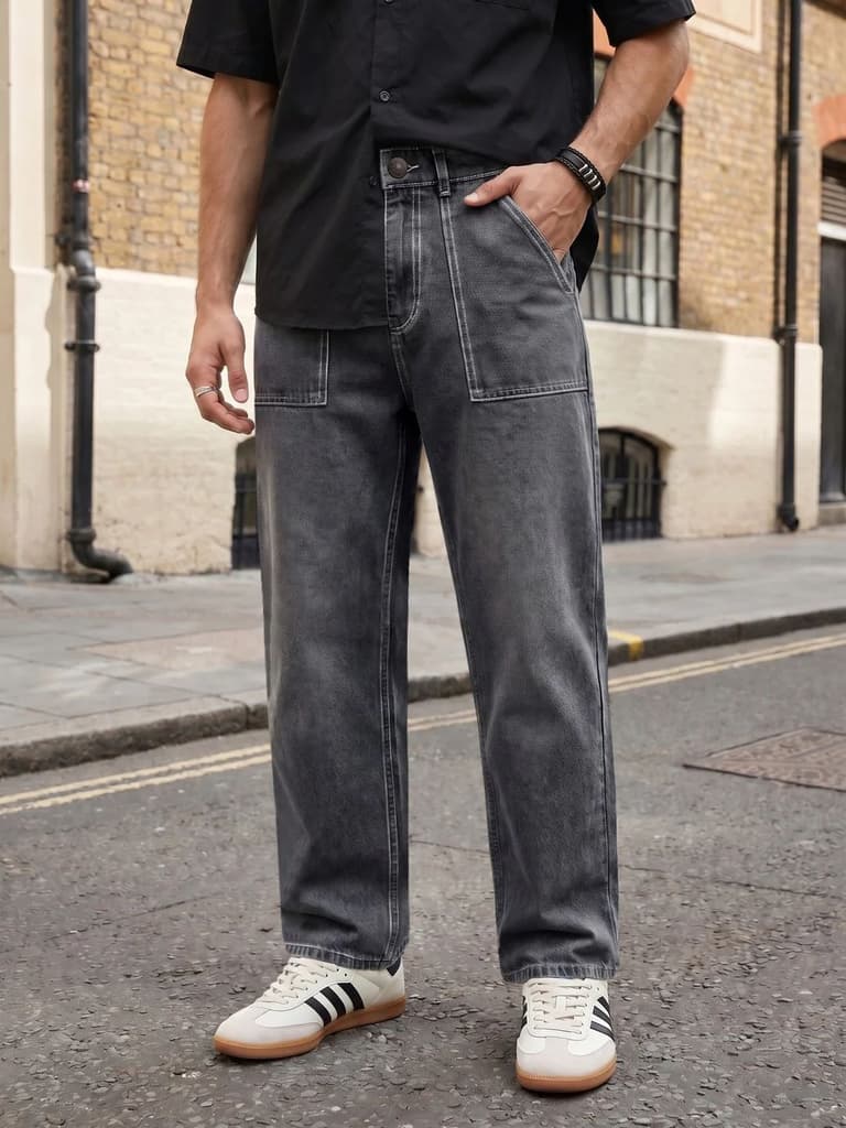 Men's Dark Grey Loose Baggy Fit Washed Denim Jeans Non-Stretchable — 28 / Dark Grey