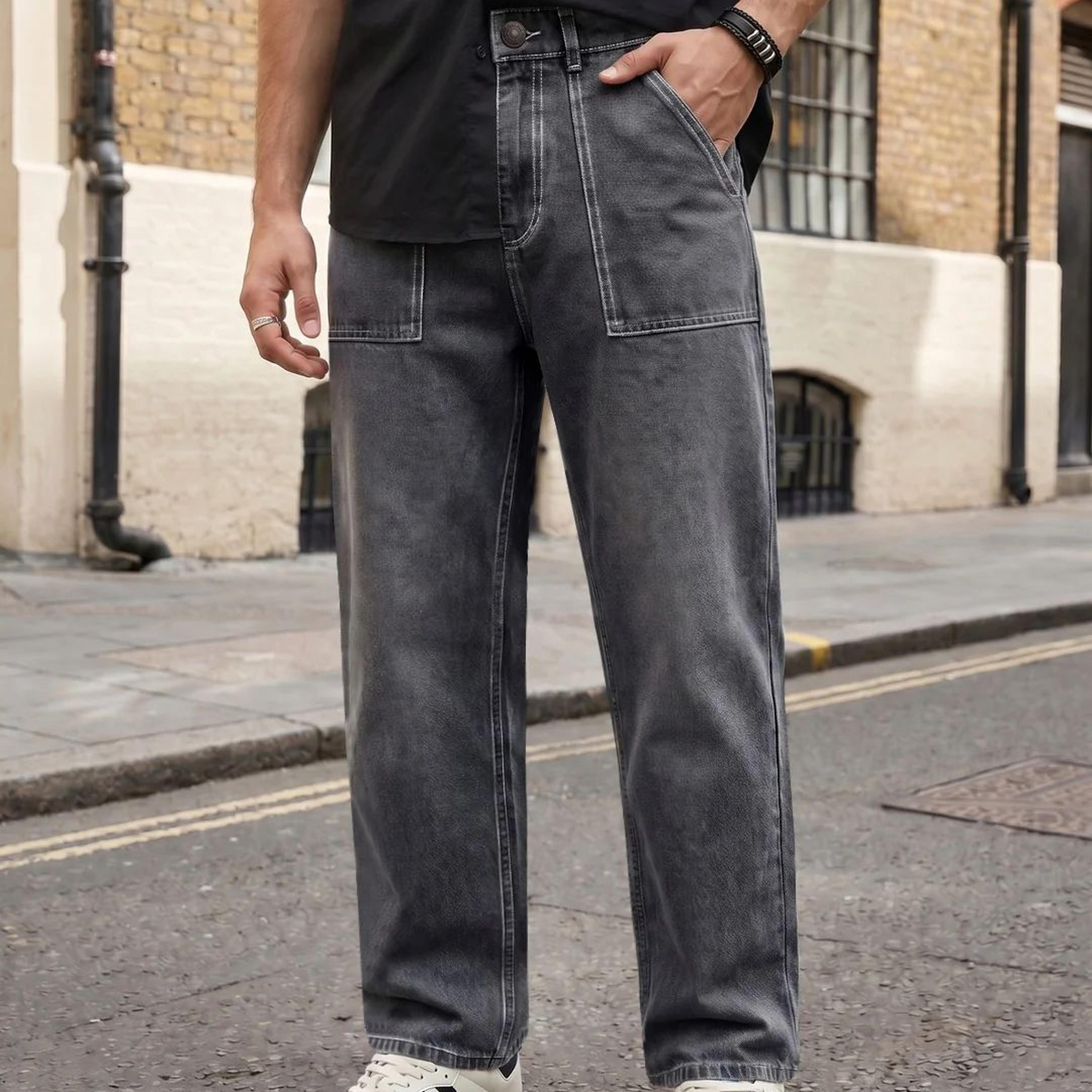 Men's Dark Grey Loose Baggy Fit Washed Denim Jeans Non-Stretchable