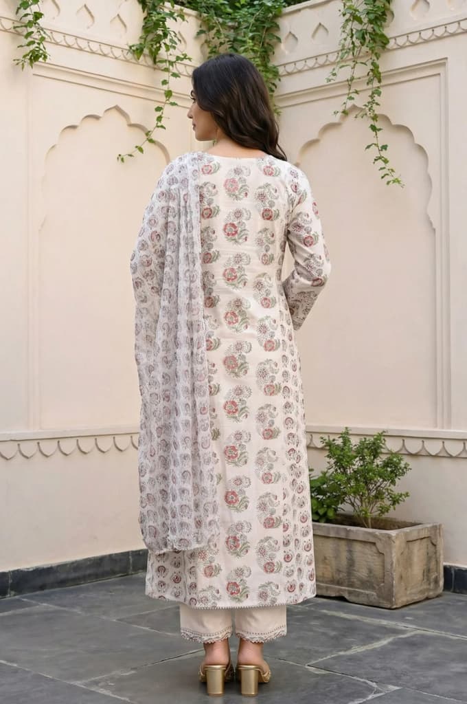 Off-White Floral Printed Silk Blend A-Line Kurta with Straight Pant and Dupatta Set — photo 4