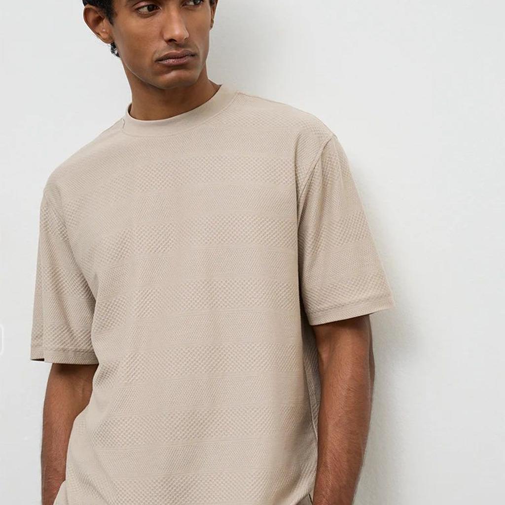 WES Lounge Light Beige Textured Relaxed-Fit Cotton T-Shirt