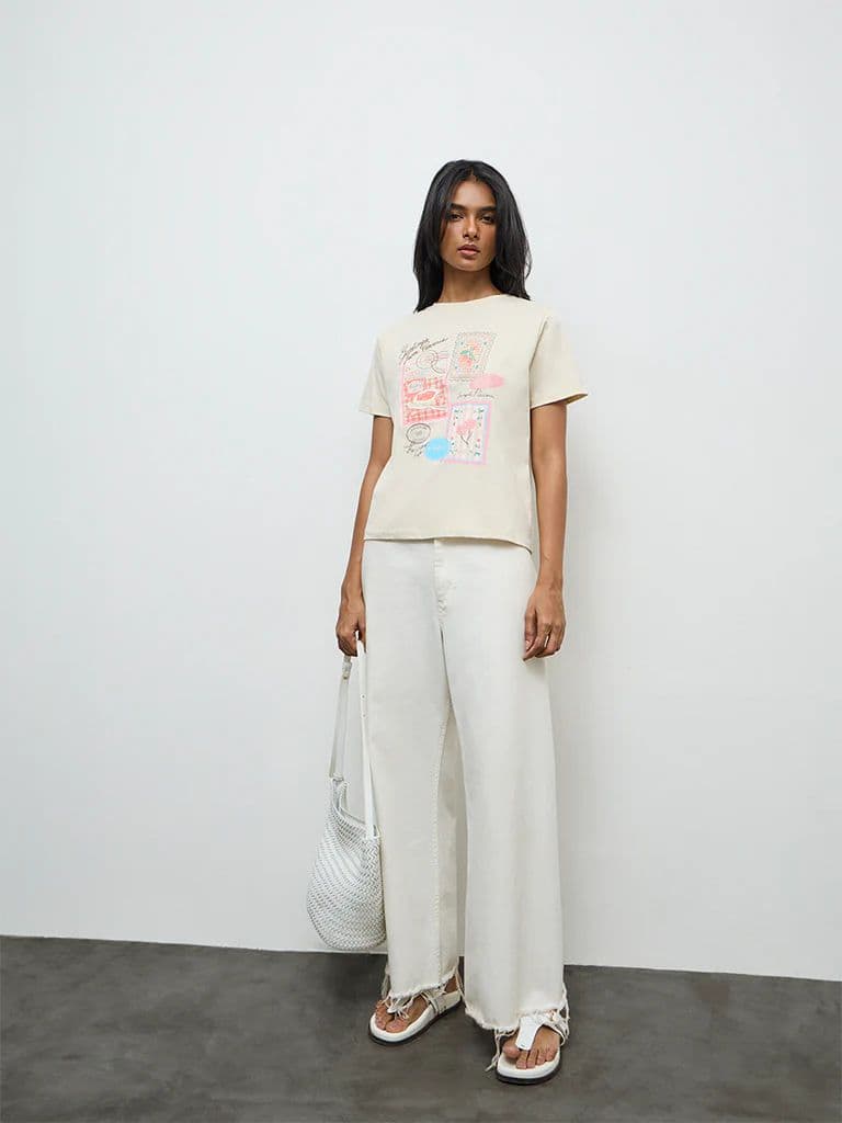 LOV Light Beige Printed Cotton T-Shirt — photo 2