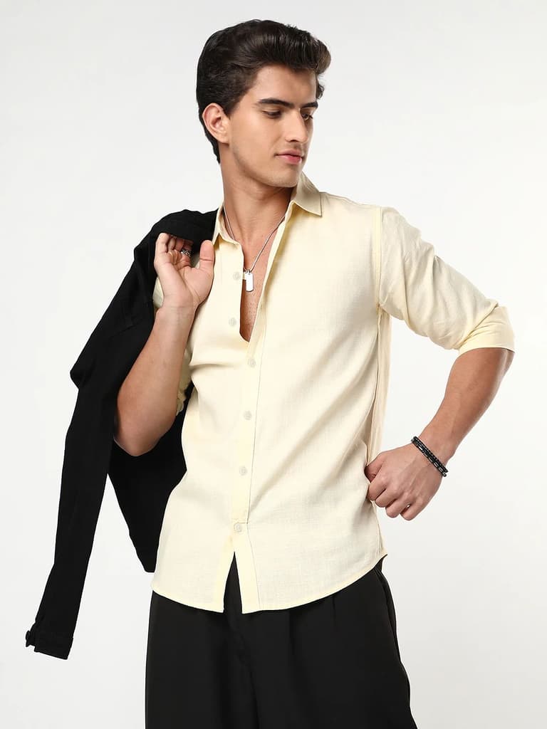 Men's Tender Yellow Linen Blend Full Sleeve Relaxed Fit Casual Solid Shirt — S / Tender Yellow
