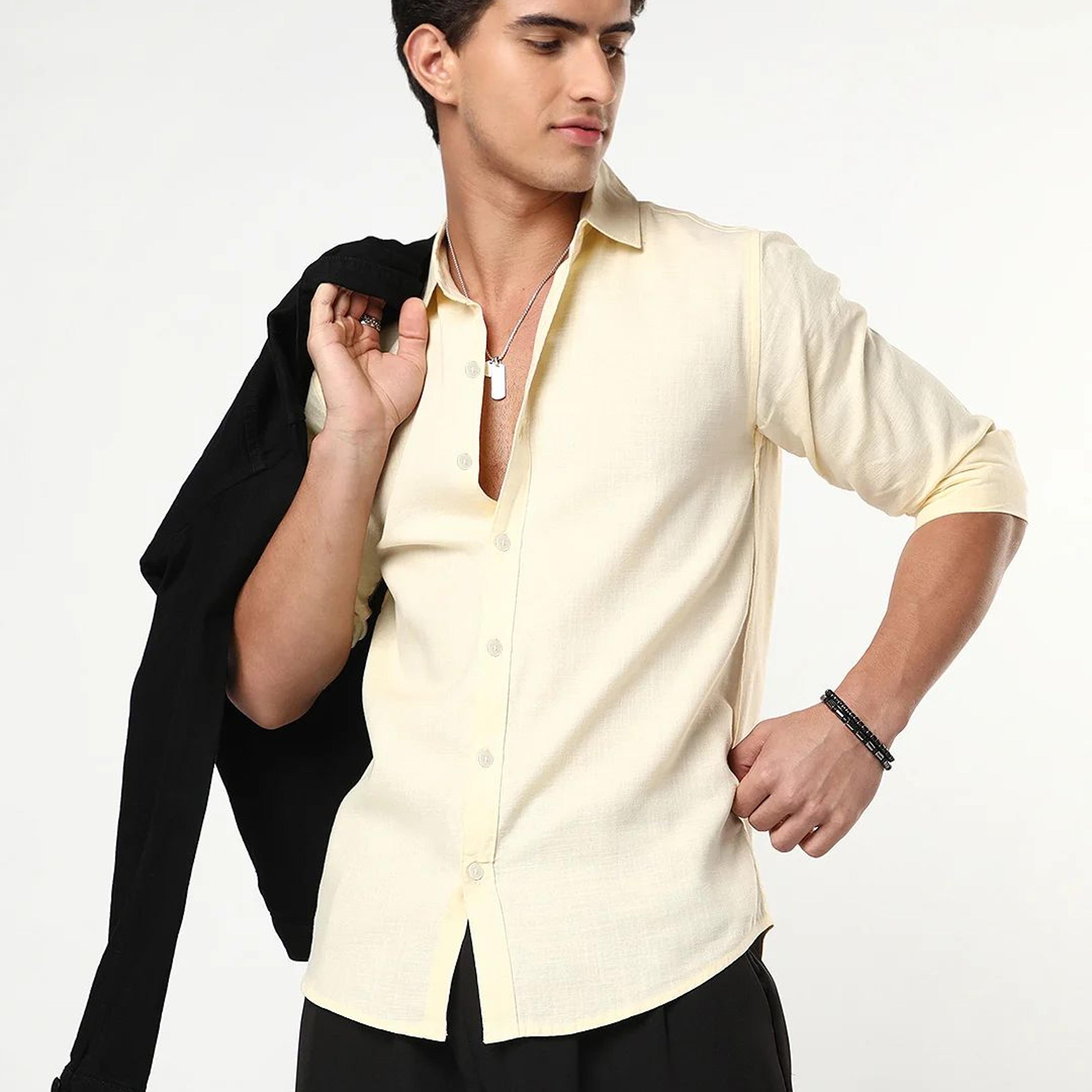 Men's Tender Yellow Linen Blend Full Sleeve Relaxed Fit Casual Solid Shirt
