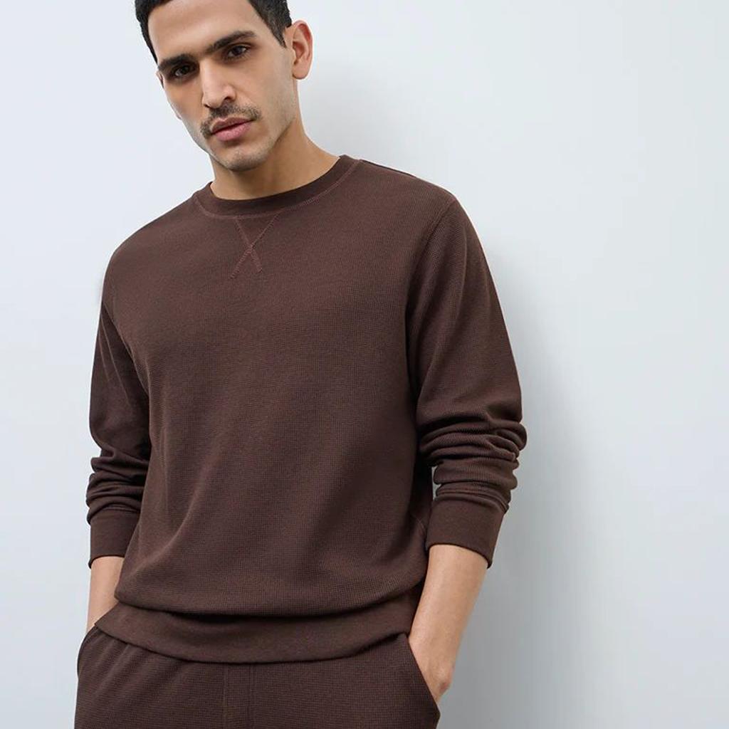 WES Lounge Brown Waffle-Textured Regular-Fit Cotton T-Shirt
