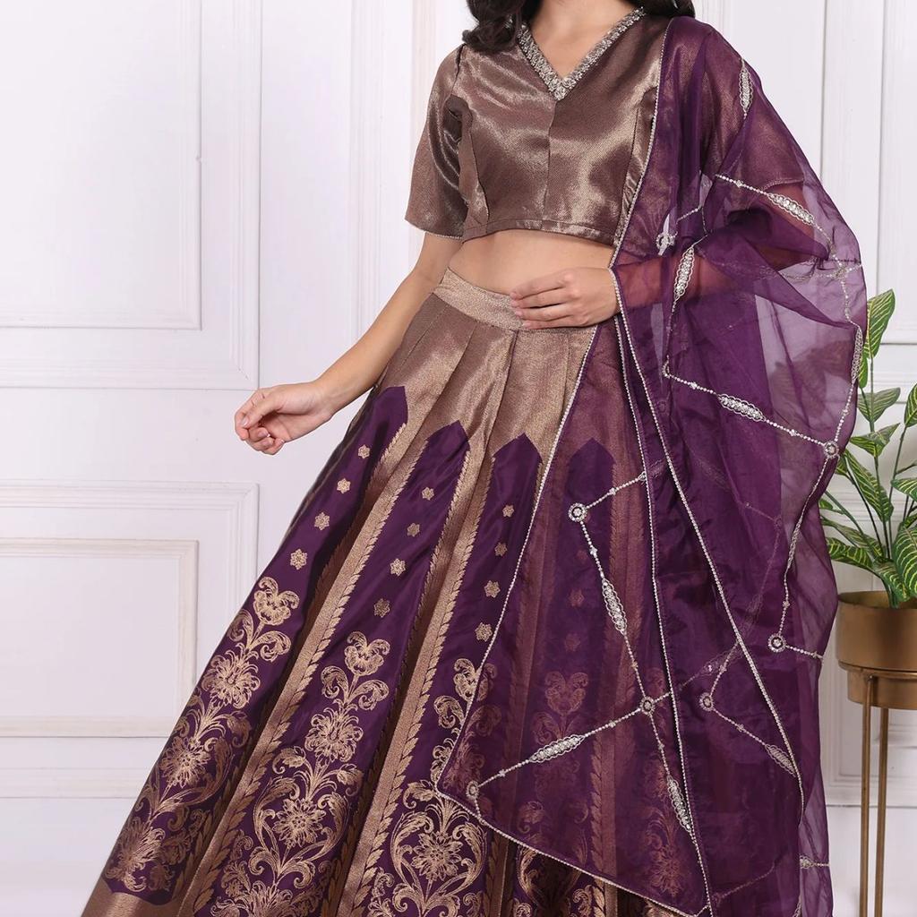 Purple Embellished Jacquard Straight Crop Top, Skirt and Dupatta Set