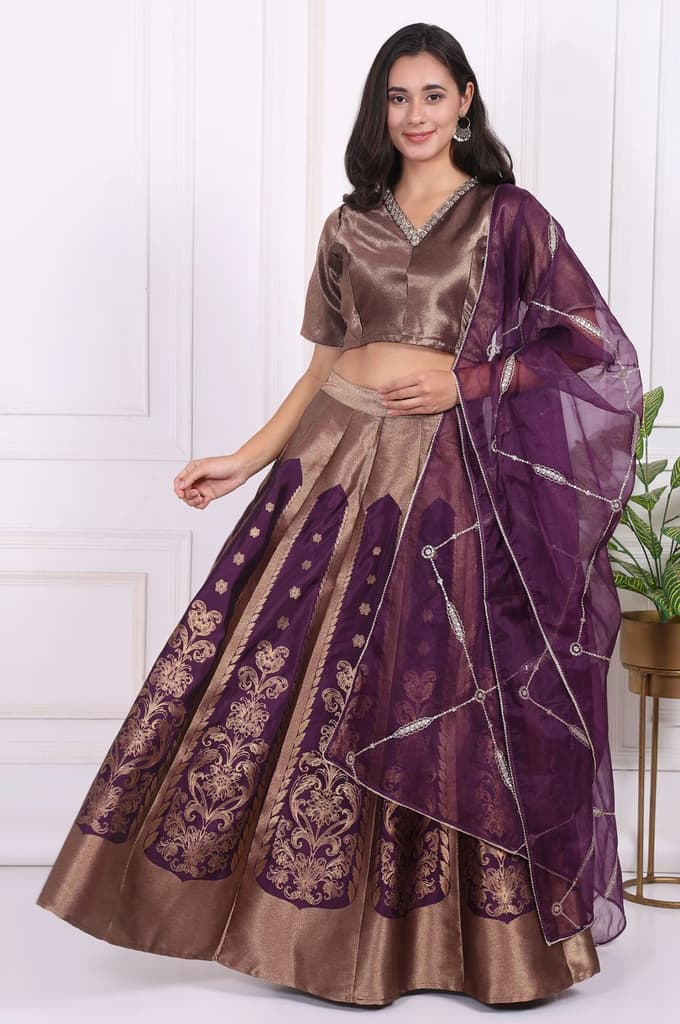 Purple Embellished Jacquard Straight Crop Top, Skirt and Dupatta Set — XS