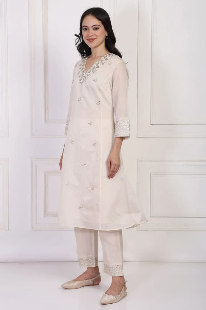 Off-White Embroidered A-Line Kurta with Straight Pant and Dupatta Set — photo 4