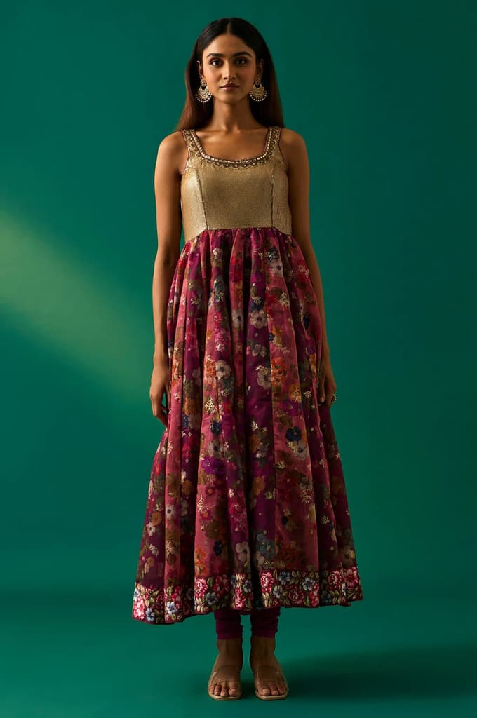 Maroon Floral Printed Embellished Anarkali Crepe Dress with Churidar and Cape Set — photo 6