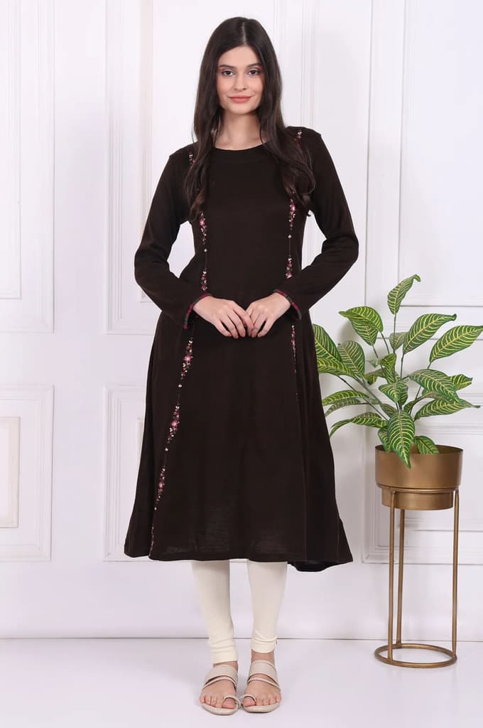 Brown Thread Embroidered Acrylic Flared A-line Kurta — photo 2