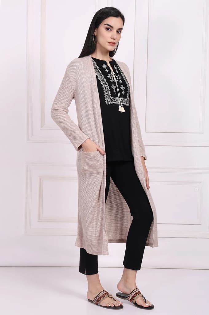 Beige Solid Rayon Winter Trench Jacket — photo 6