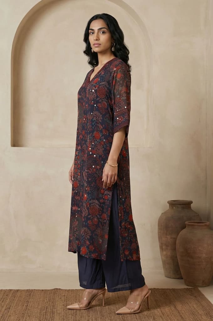 Navy Blue Floral Printed Georgette Straight Kurta with Parallel Pant Set — photo 5