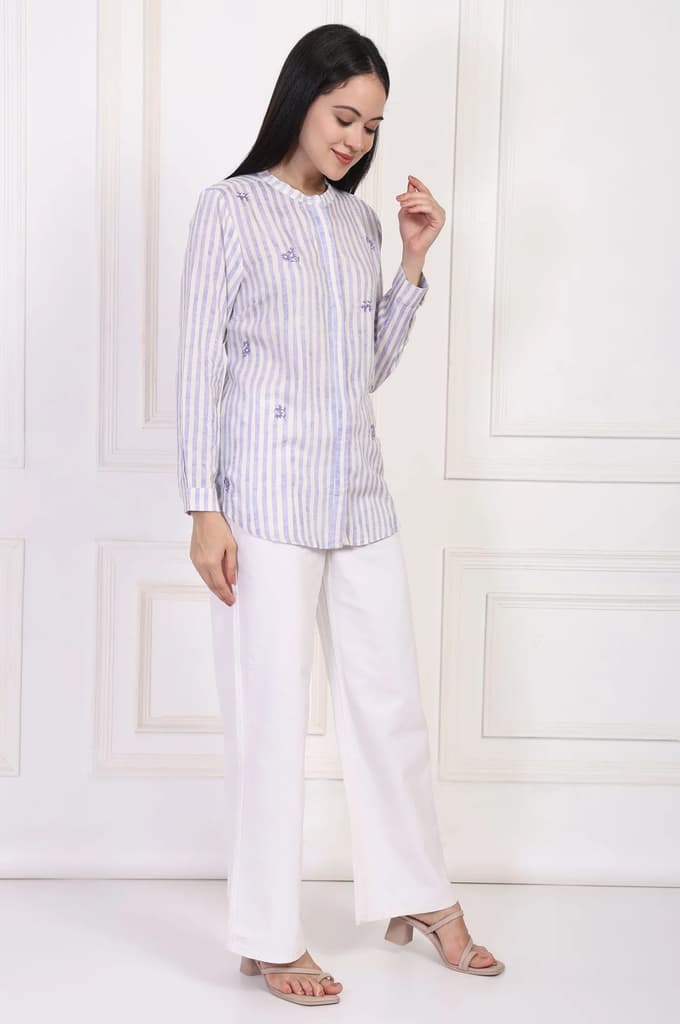 White Striped Printed Thread Embroidered Straight Top — photo 6