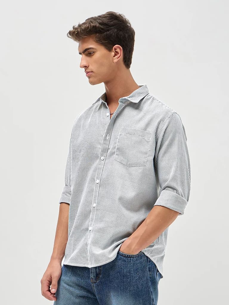 Men's Light Grey Cotton Full Sleeve Regular Fit Casual Striped Shirt — photo 3
