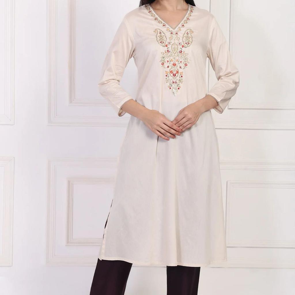 Cream Embroidered A-Line Rayon Kurta