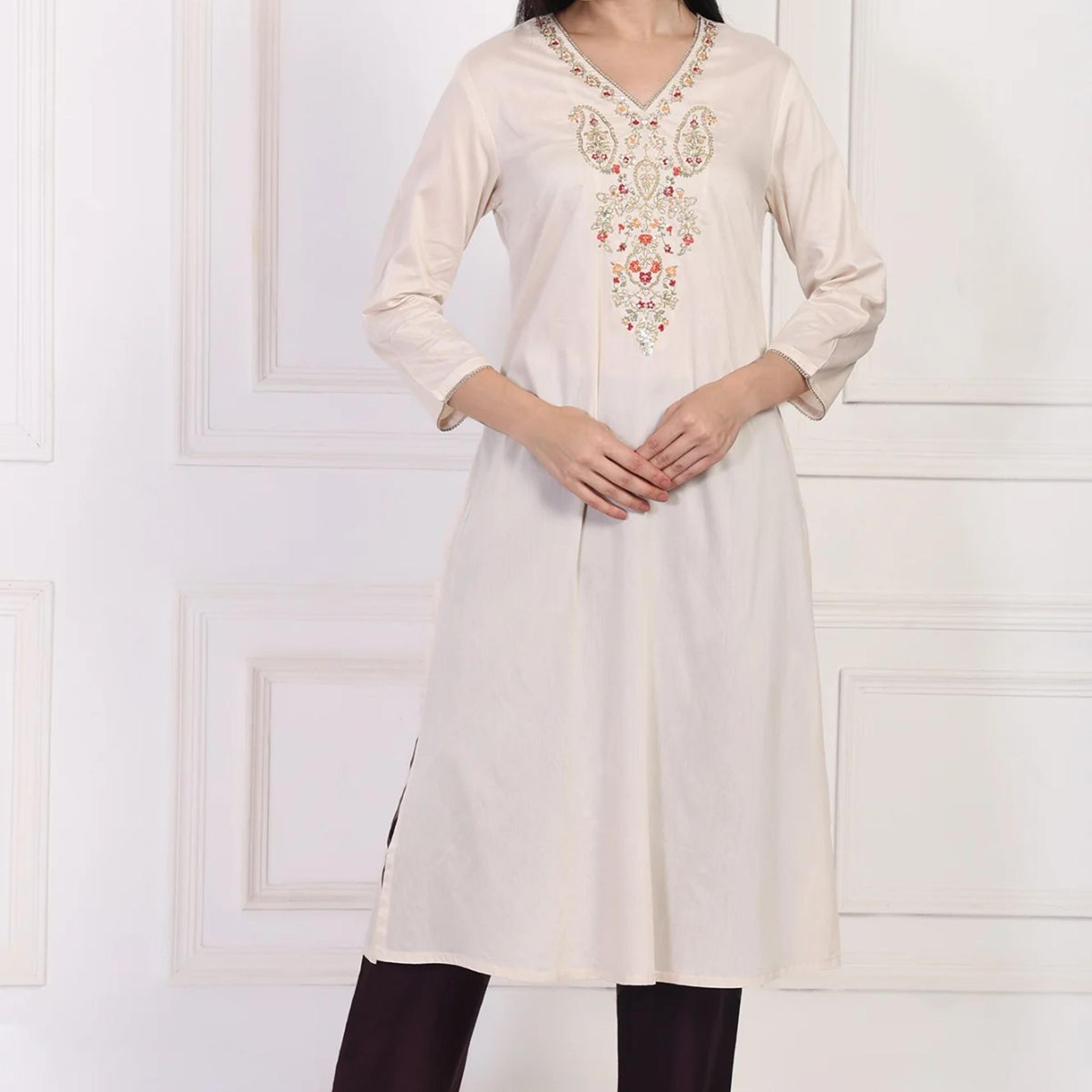 Cream Embroidered A-Line Rayon Kurta