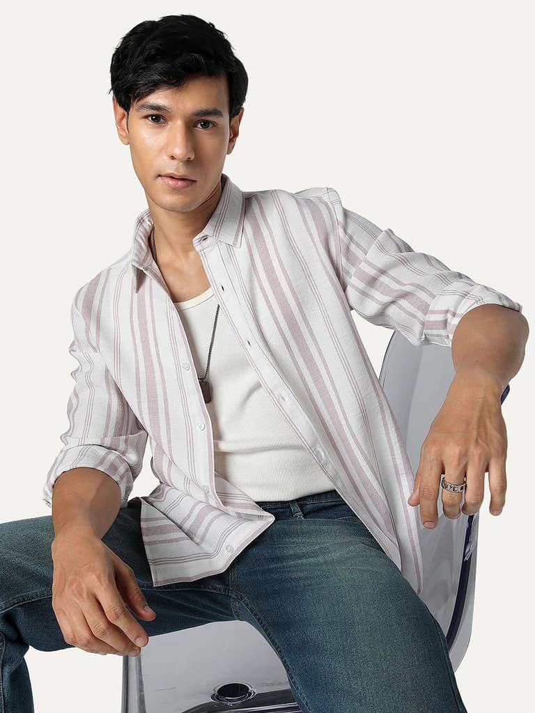 Men's Lilac Cotton Full Sleeve Relaxed Fit Linen Striped Shirt with Spread Collar — photo 2