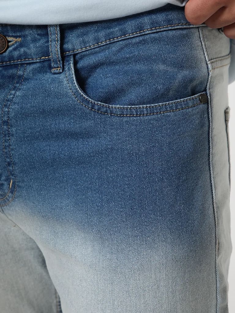 Men's Light Blue Straight Fit Heavy Washed Faded Denim Jeans Stretchable — photo 6
