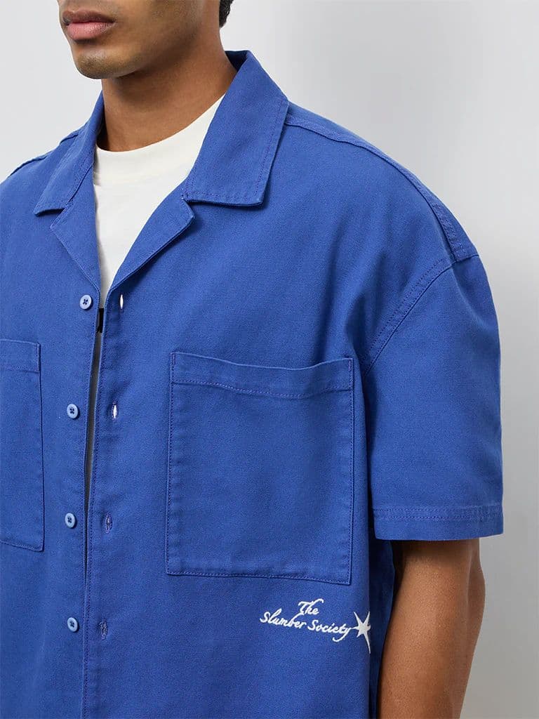 Nuon Blue Text-Detail Boxy-Fit Cotton Shirt — photo 3