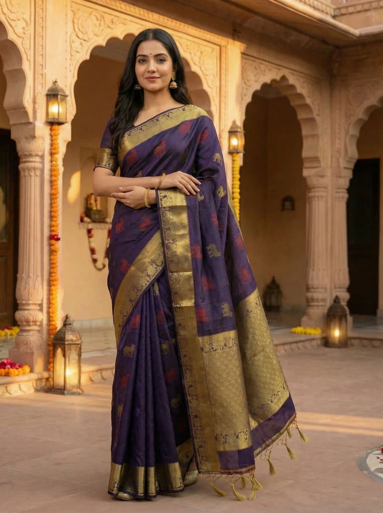 MIMOSA Women's Woven Design Banarasi Style Raw Silk Saree with Blouse Piece - Navy ( SA00003136NVFREE ) — photo 2