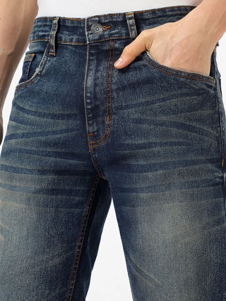 Men's Dark Blue Regular Fit Washed Jeans Stretchable — photo 5