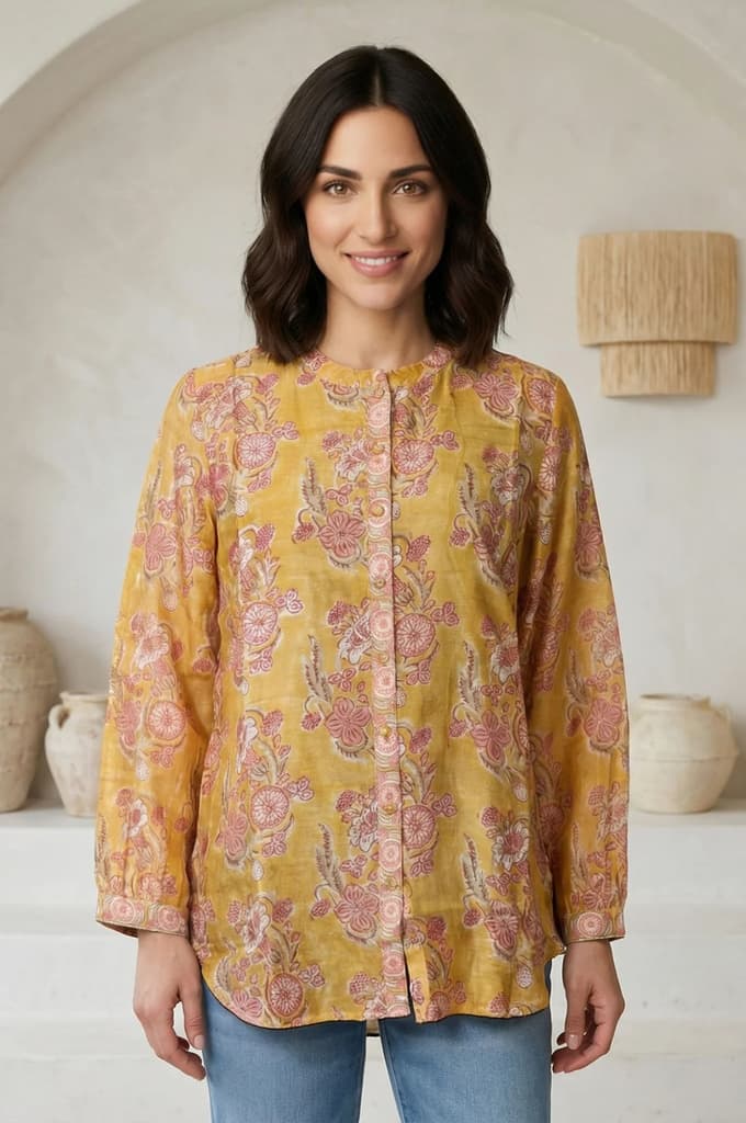 Yellow Floral Printed Cotton Blend Straight Top — XS