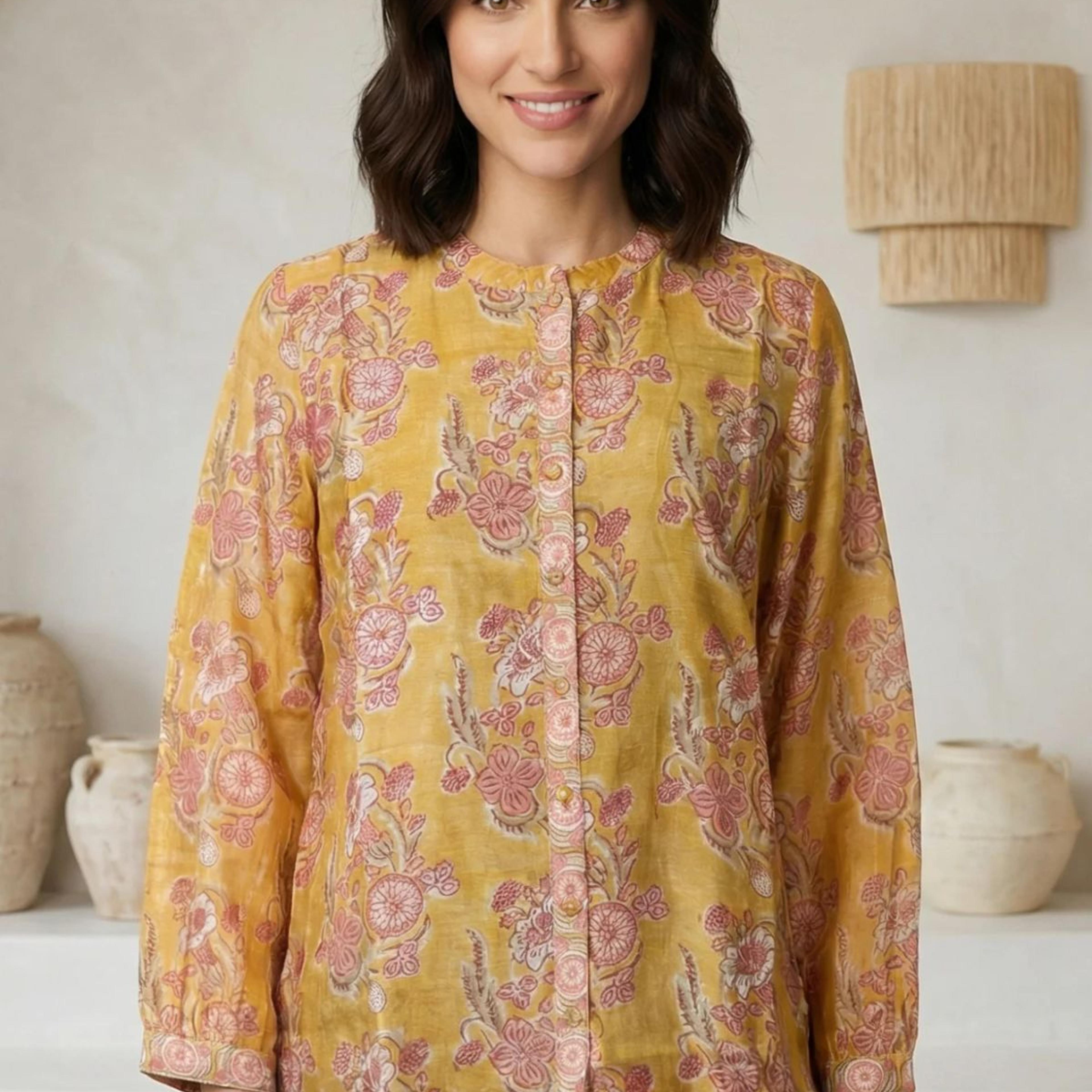 Yellow Floral Printed Cotton Blend Straight Top