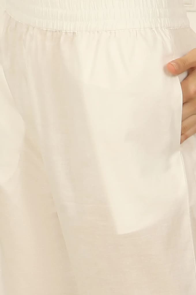 White and Pink Printed Cotton Lurex Anarkali Spaghetti Kurta, Pants and Dupatta Set — photo 9