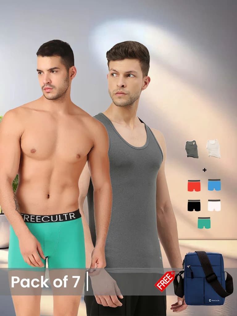 Men's Innerwear set (Pack of 7) with Free Sling Bag — Iron Charcoal; Beach Sand; Black; Brilliant Blue; Coral; Holly Green; White / S / S