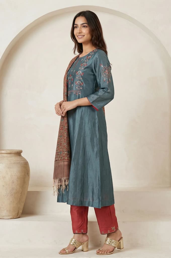 Teal Embroidered Silk Blend A-line Kurta with Straight Pants and Dupatta Set — photo 3