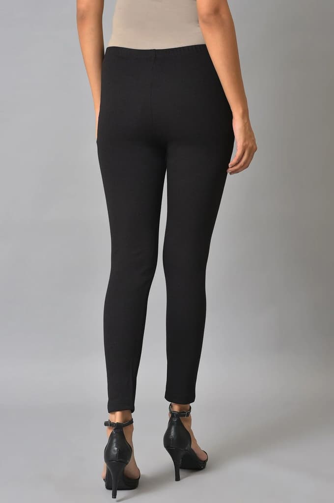 Black Solid Skinny Fit Cotton Tights With Elasticated Waistband — photo 2