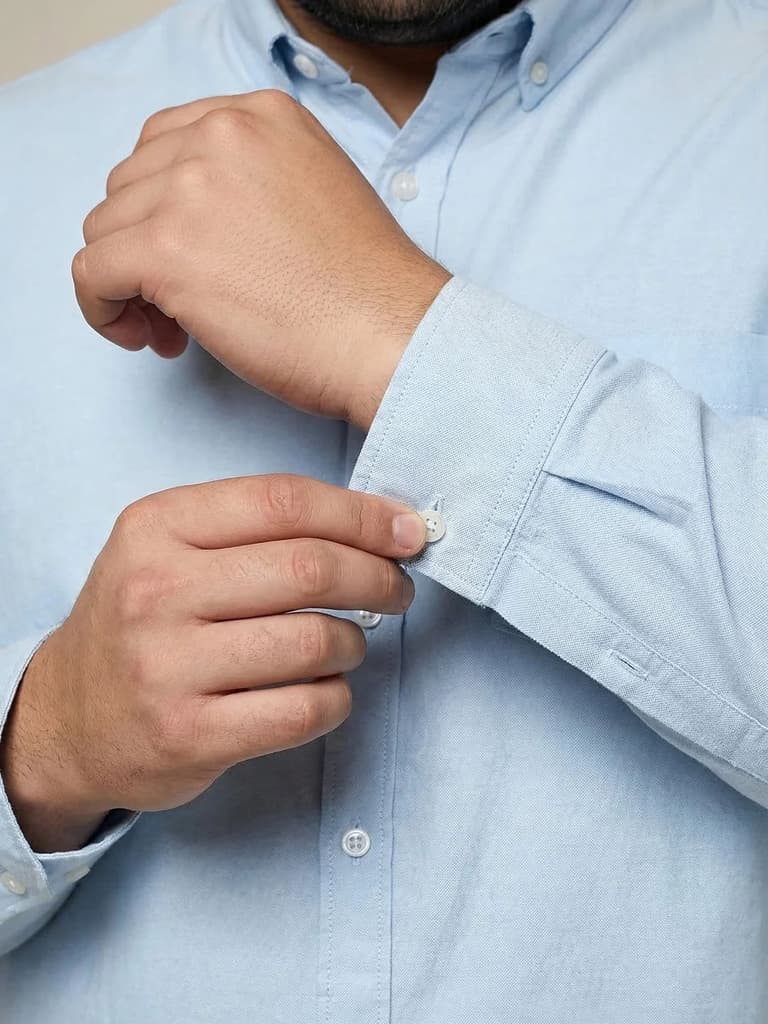 Plus Men's Light Blue Cotton Full Sleeve Regular Fit Solid Oxford Shirt With Button-Down Collar — photo 6