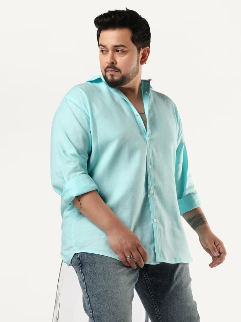 Plus Men's Sky Blue Linen Blend Full Sleeve Relaxed Fit Casual Solid Shirt — photo 2