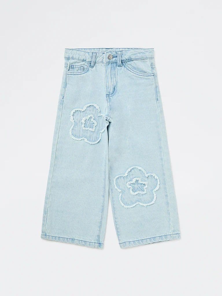 HOP Kids Girls Blue Floral High-Rise Relaxed-Fit Jeans — photo 3