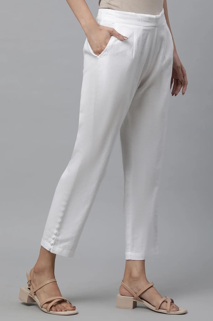 White Solid Straight Fit Cotton Trousers With Button Detail — photo 4